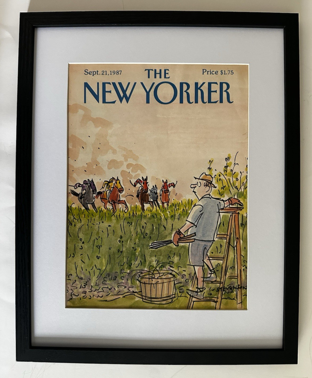 Framed 1987 New Yorker Cover Sept 21 Polo Match in Garden Stevenson
